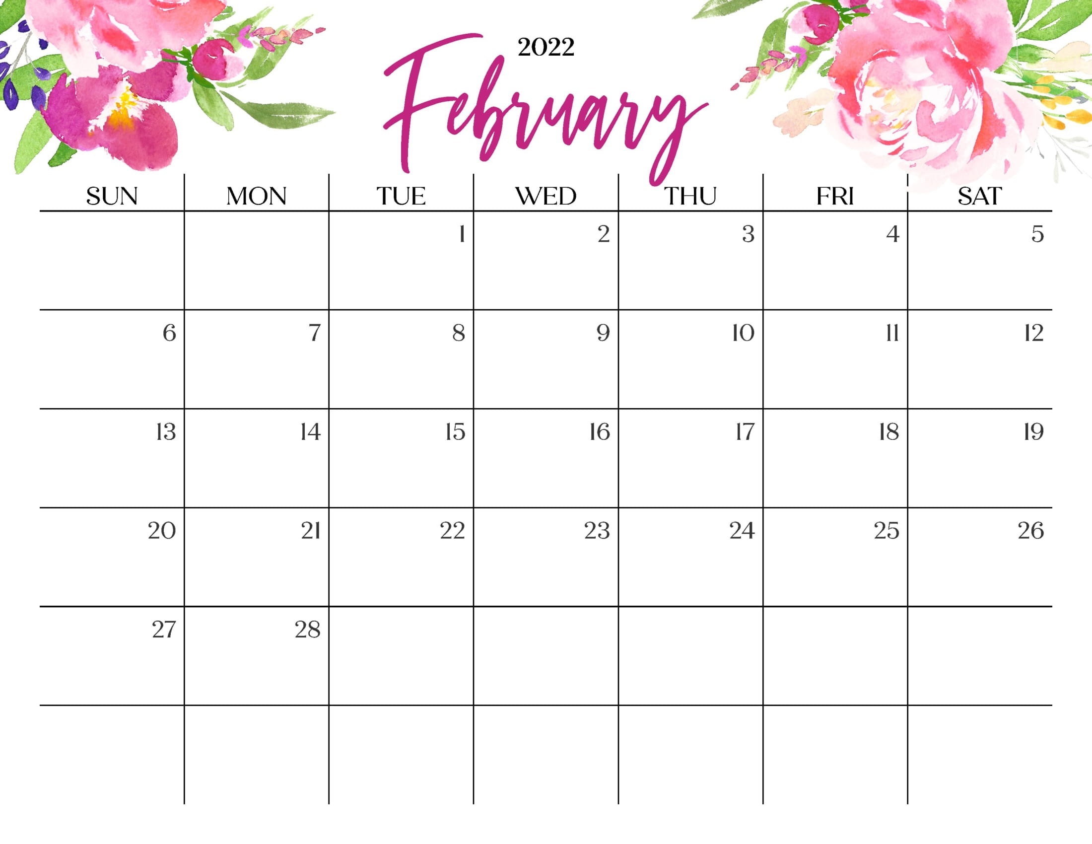 February 2022 Weekly Blank Calendar