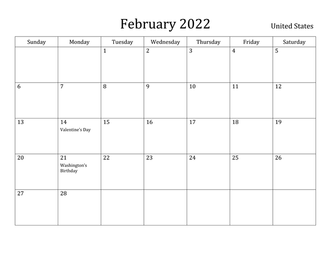 February 2022 Weekly Calendar Template