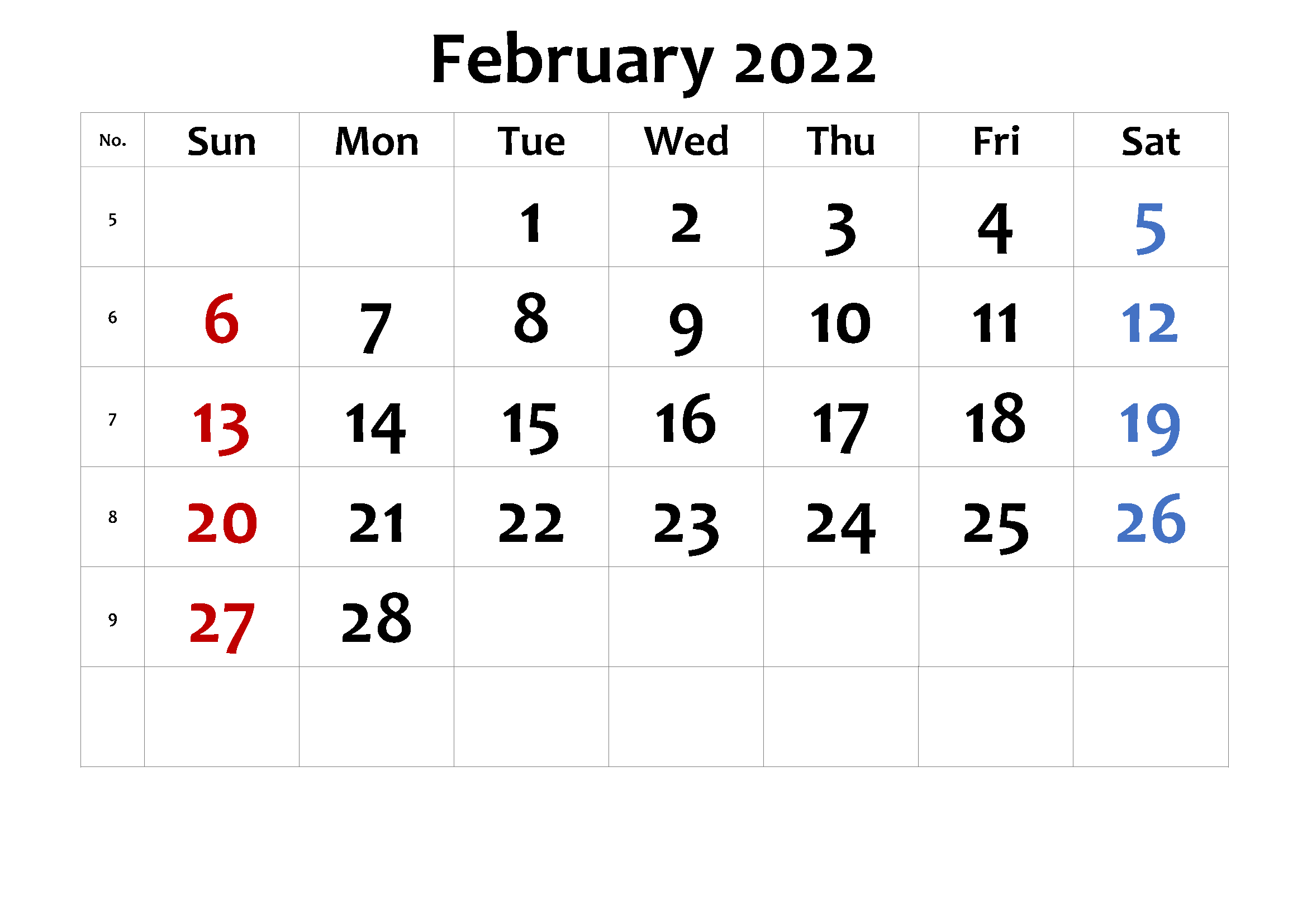 February Calendar 2022 With Holidays