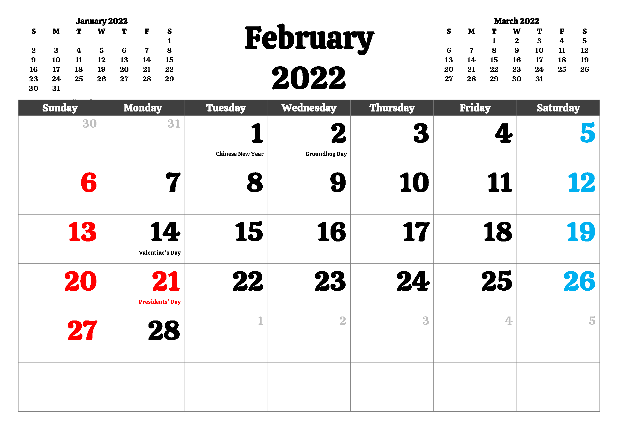 February Calendar 2022 With Notes