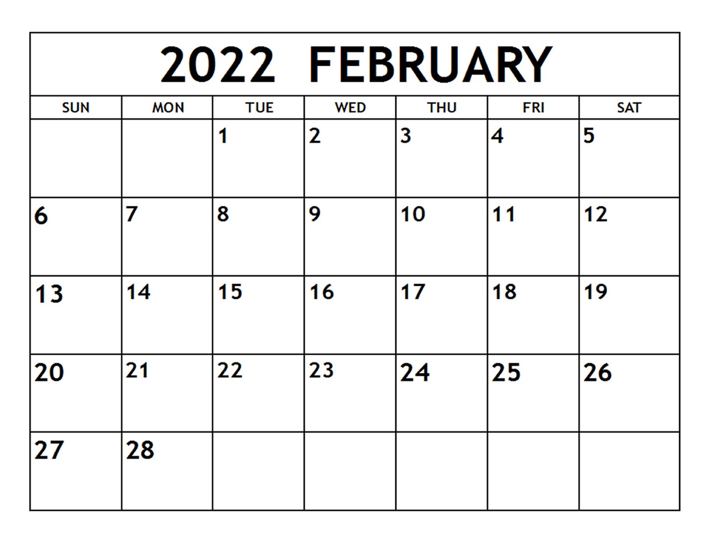February Month Calendar 2022