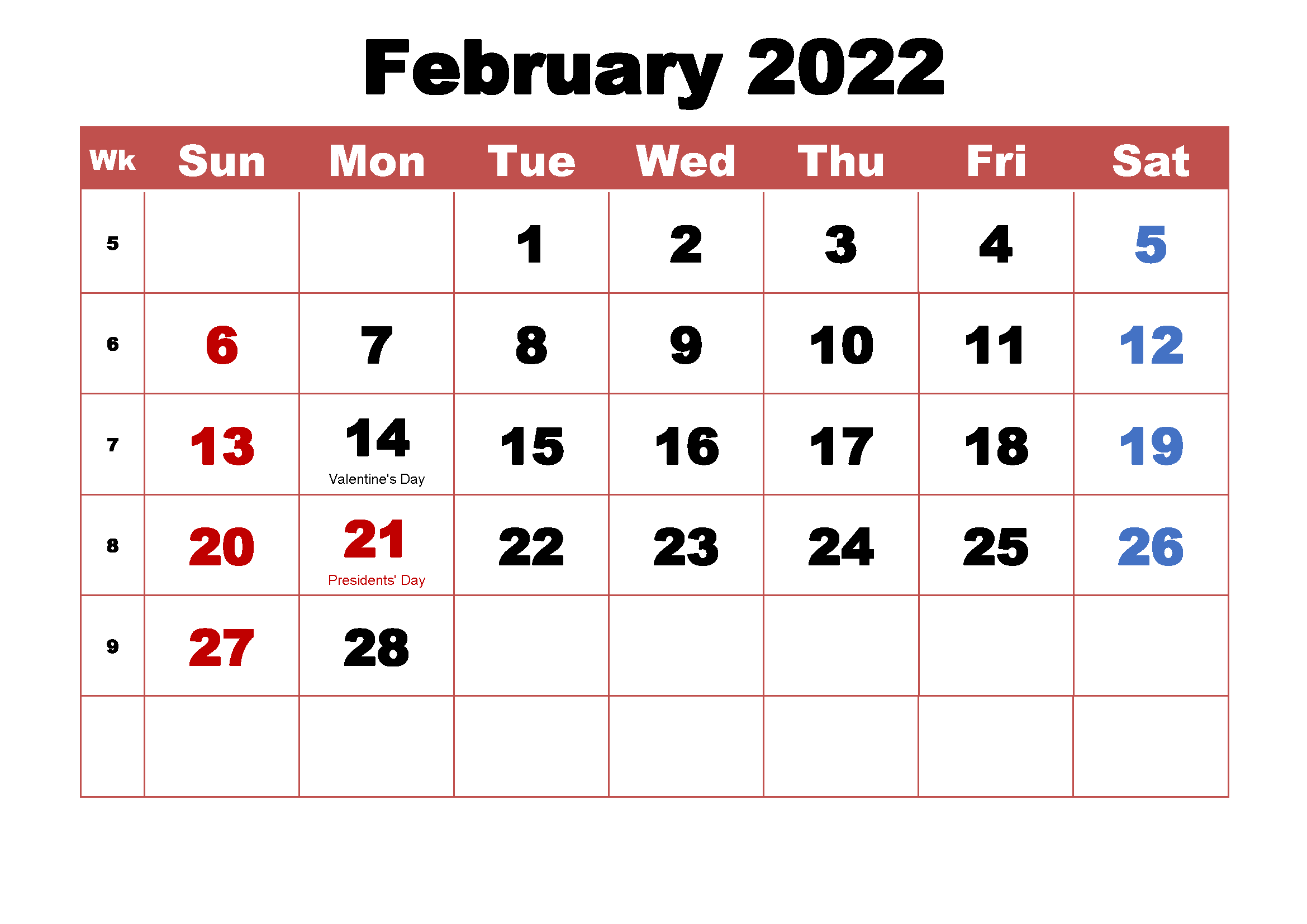 Free Printable February Calendar 2022