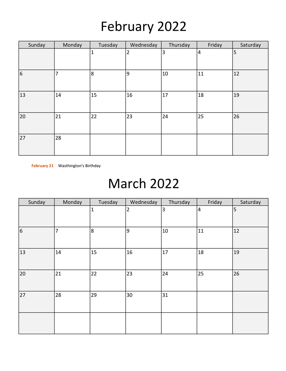 January February Calendar 2022