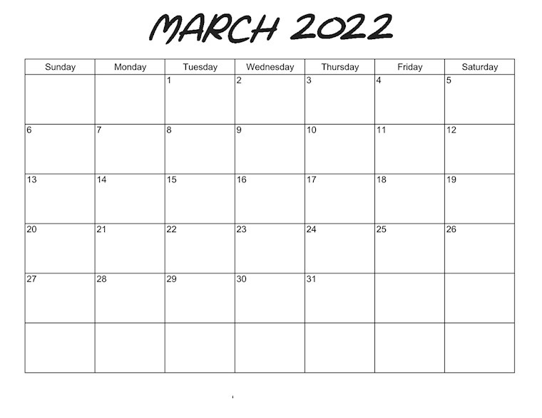 March 2022 Blank Calendar By Month