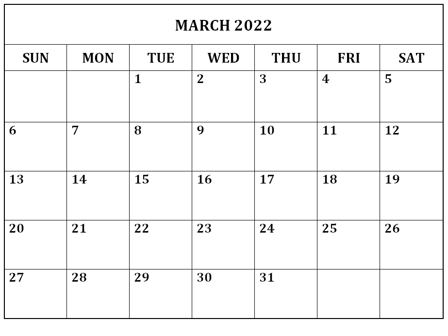 March 2022 Blank Calendar By Week