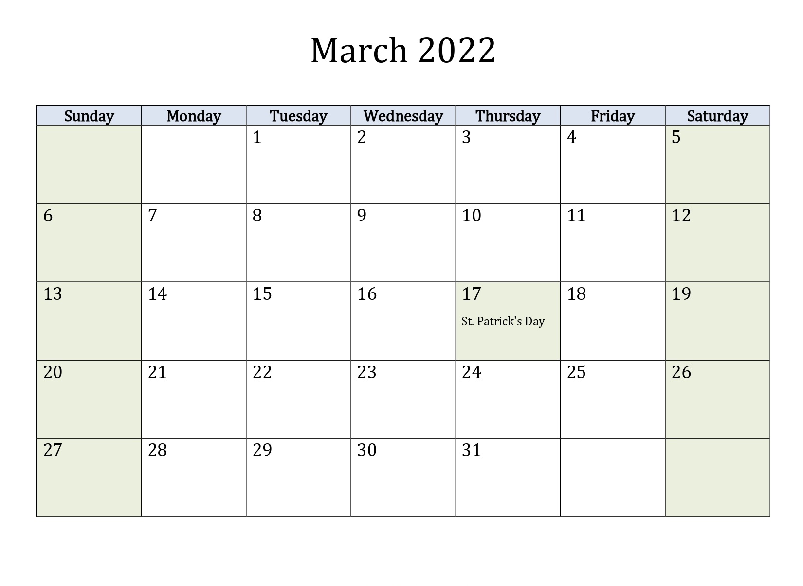 March 2022 Blank Calendar Printable