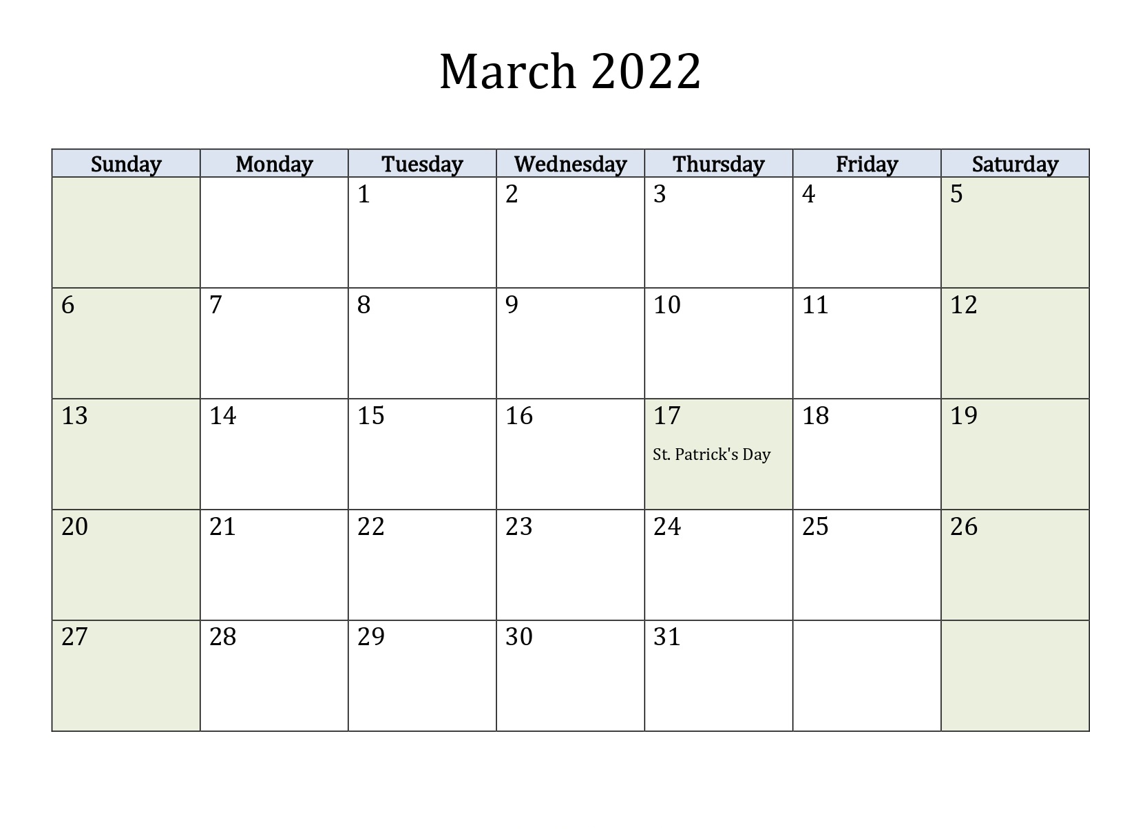 March 2022 Blank Calendar Printable