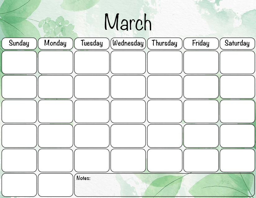 March 2022 Blank Calendar Template
