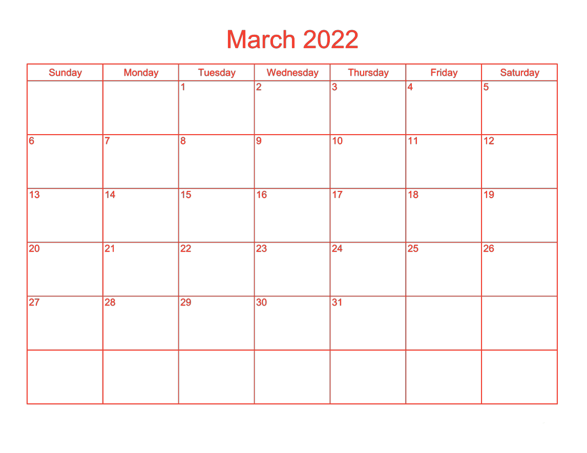 March 2022 Blank Monthly Calendar