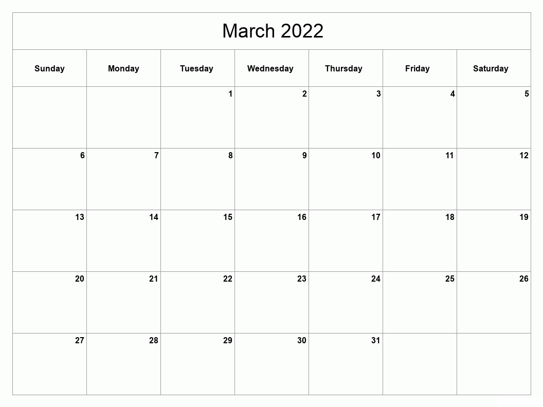 March 2022 Blank Weekly Calendar