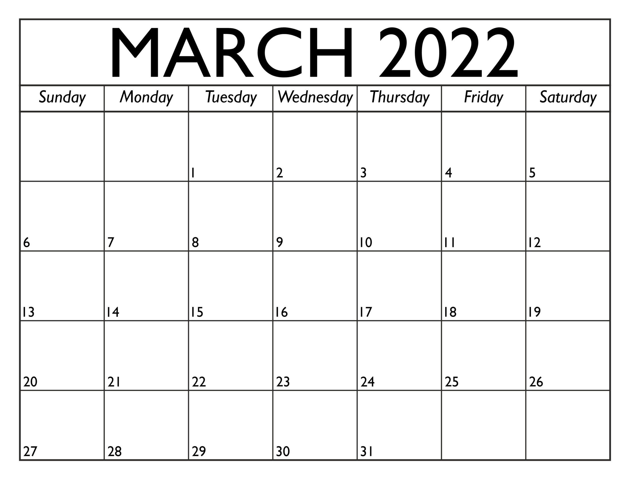 Calendar for March 2022