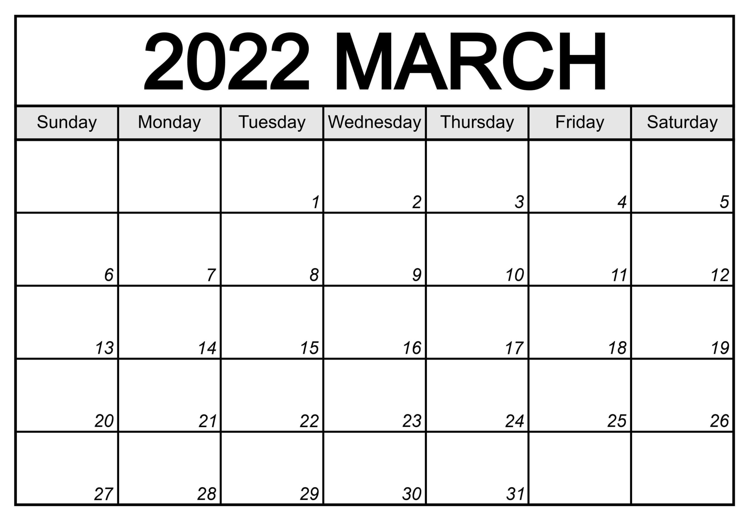 March 2022 Calendar Printable