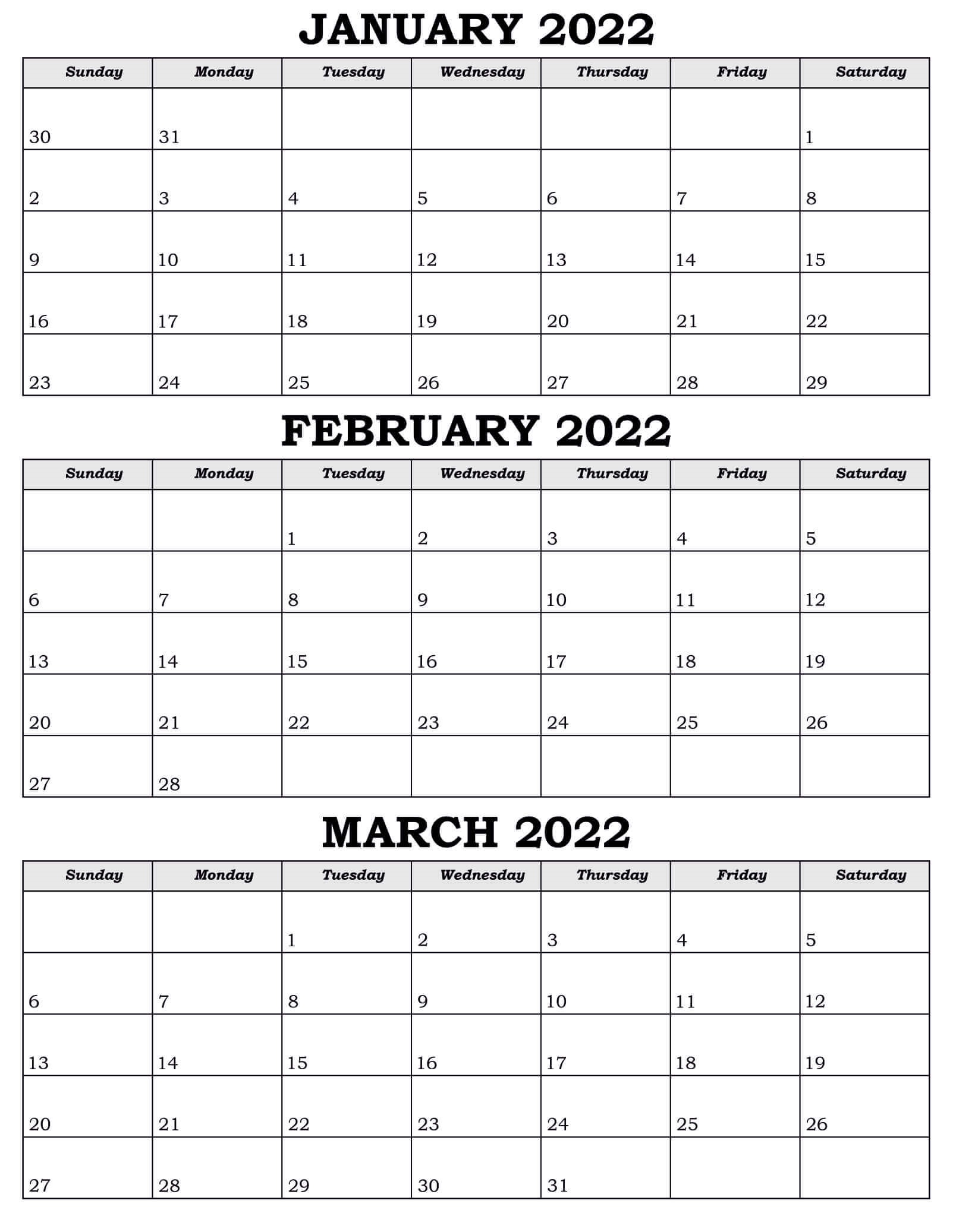 Calendar January February March 2022