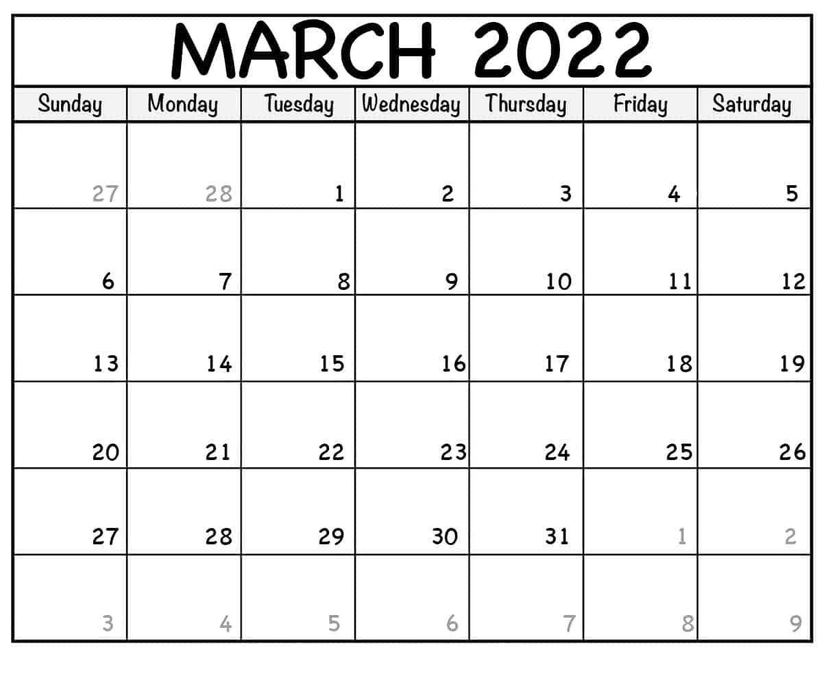 March 2022 Calendar Download Excel