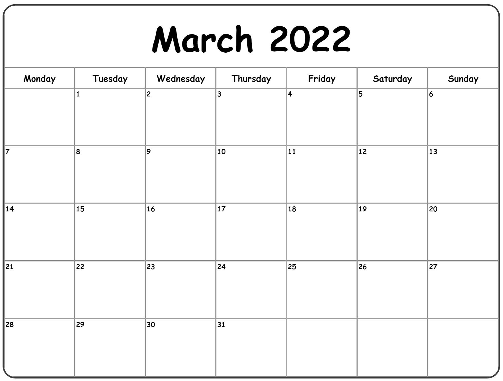 March 2022 Calendar Template