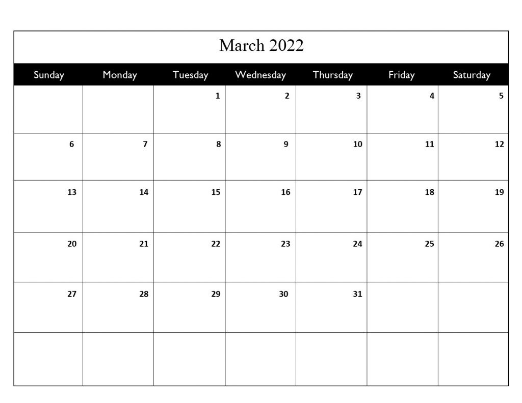 March 2022 Calendar Weekly Template