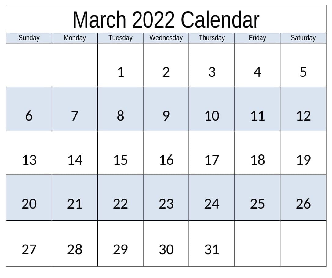 March 2022 Calendar Printable