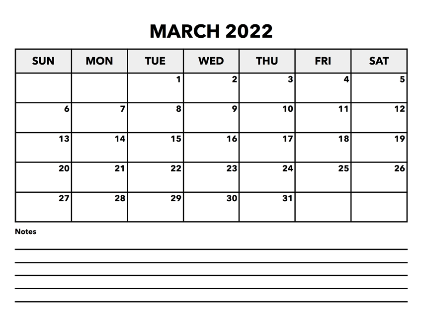 March 2022 Calendar With Notes