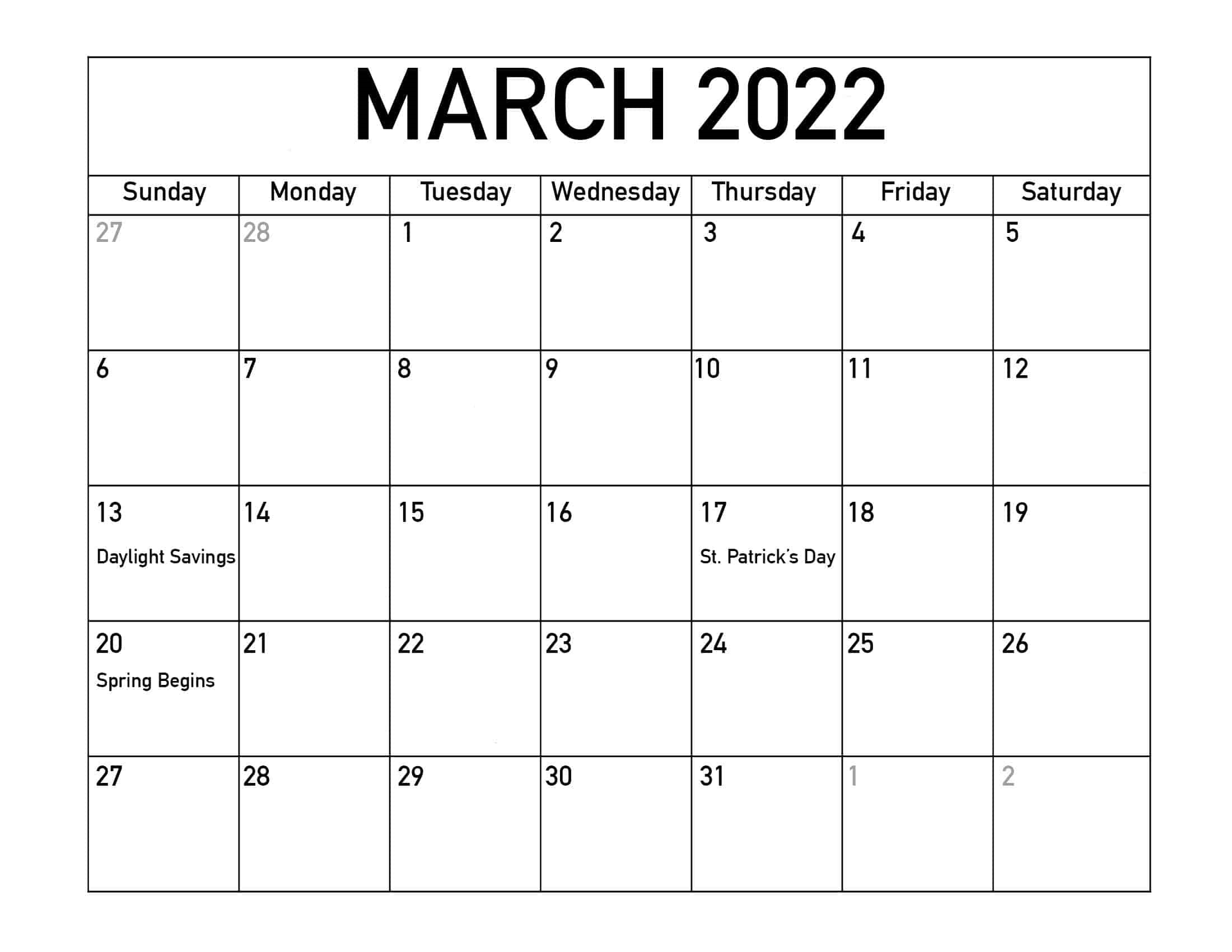 March 2022 Calendar With Public Holidays