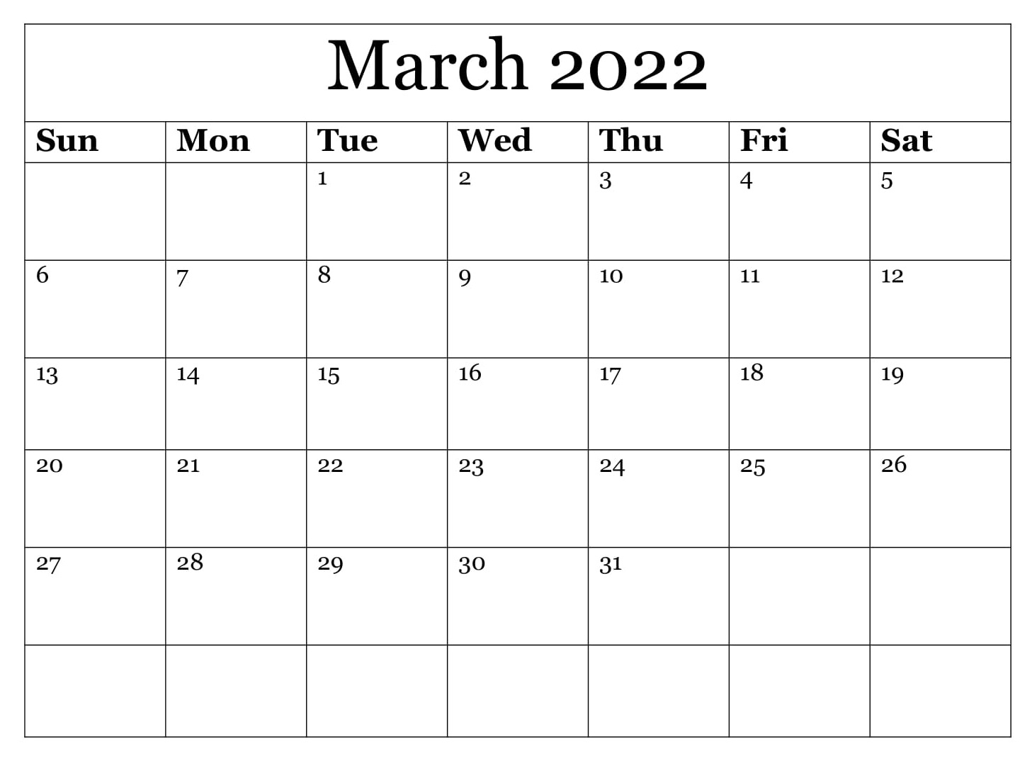 March 2022 Excel Calendar Template