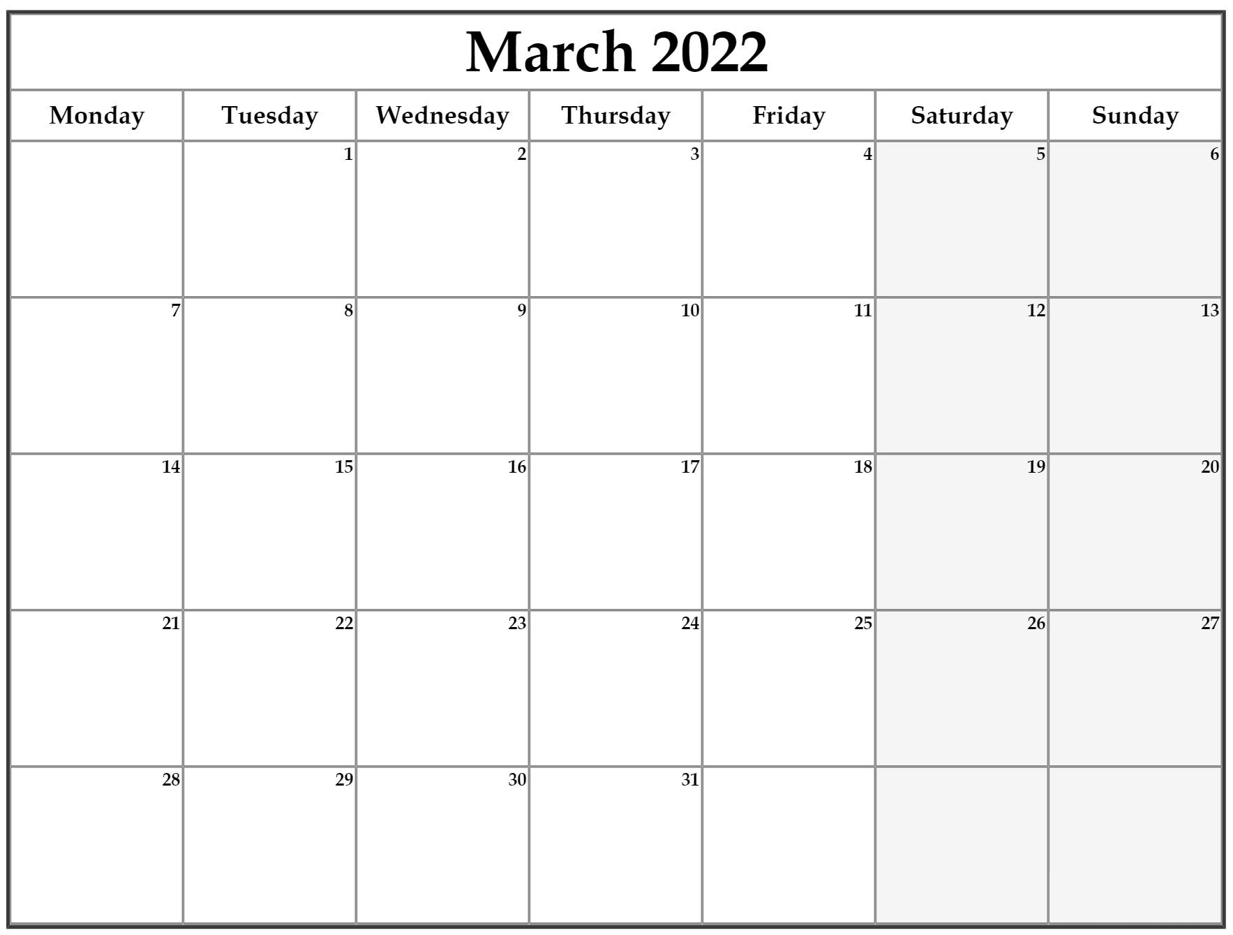 March 2022 Free Calendar Template