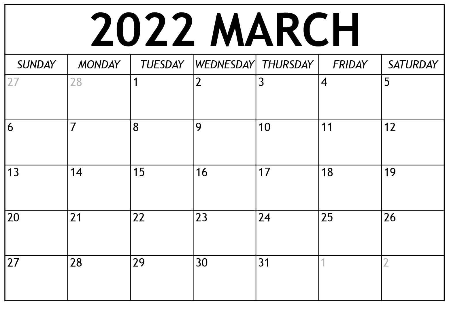 March 2022 Calendar