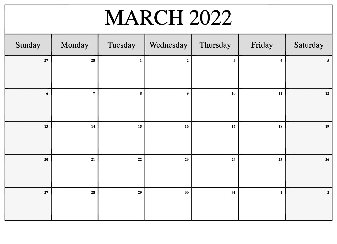 March 2022 Monthly Calendar Template