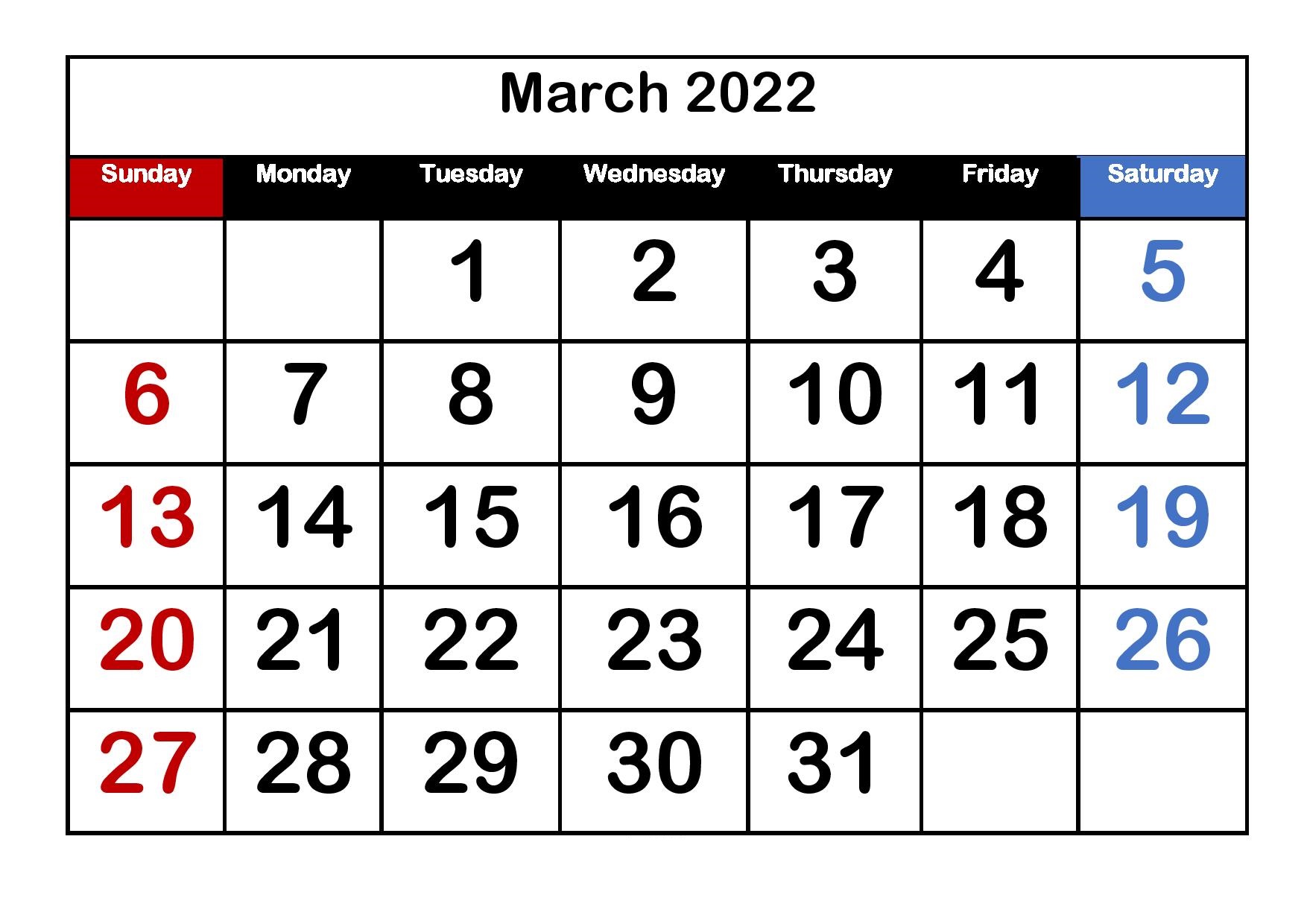 March 2022 Printable Calendar Big Boxes