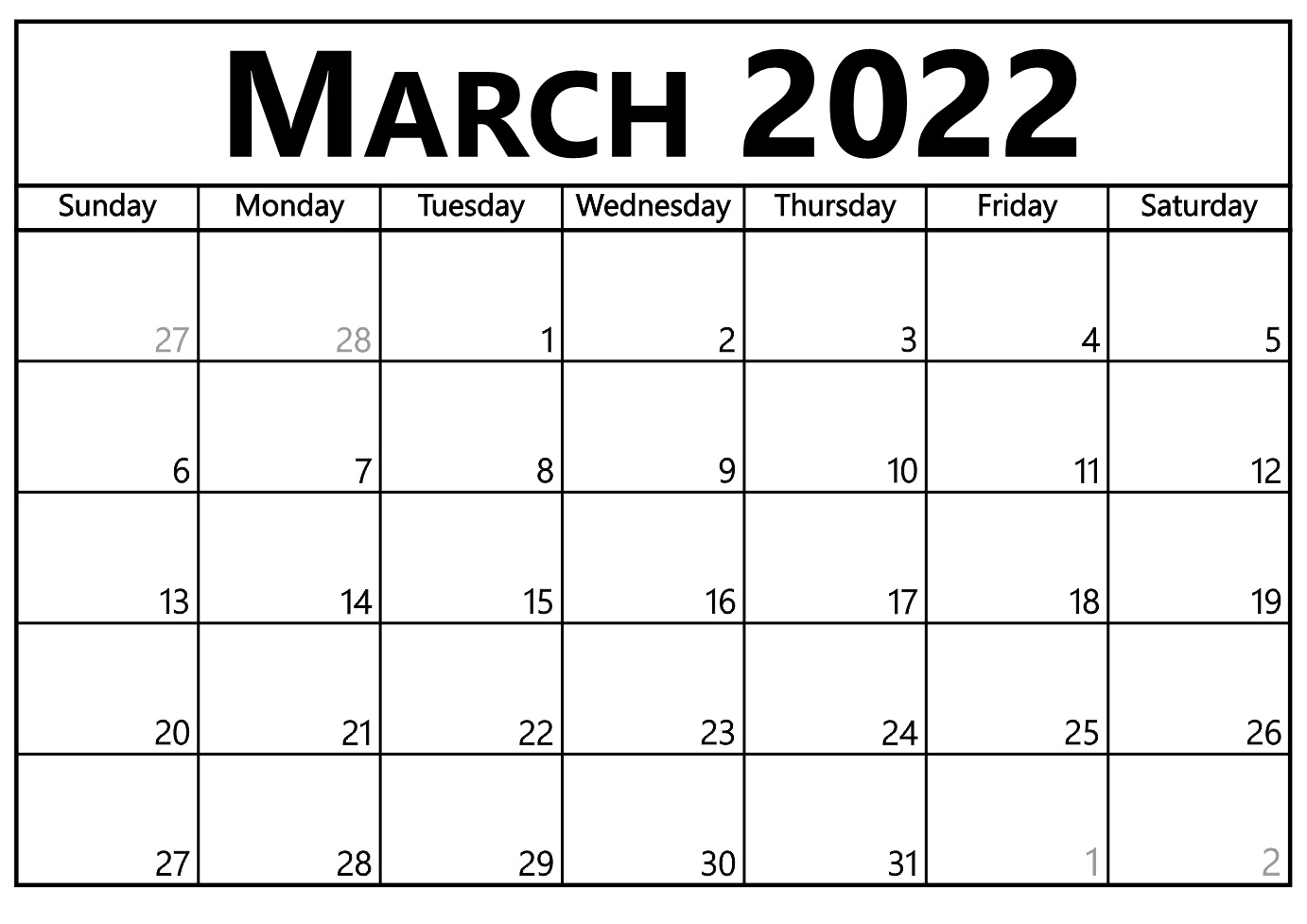 Printable March 2022 Calendar