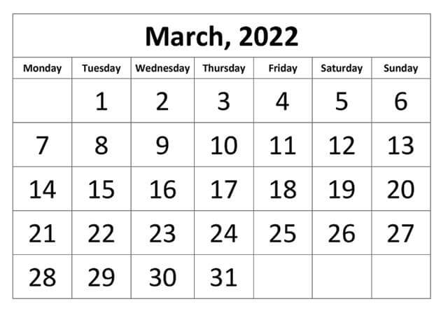 March 2022 Printable Calendar