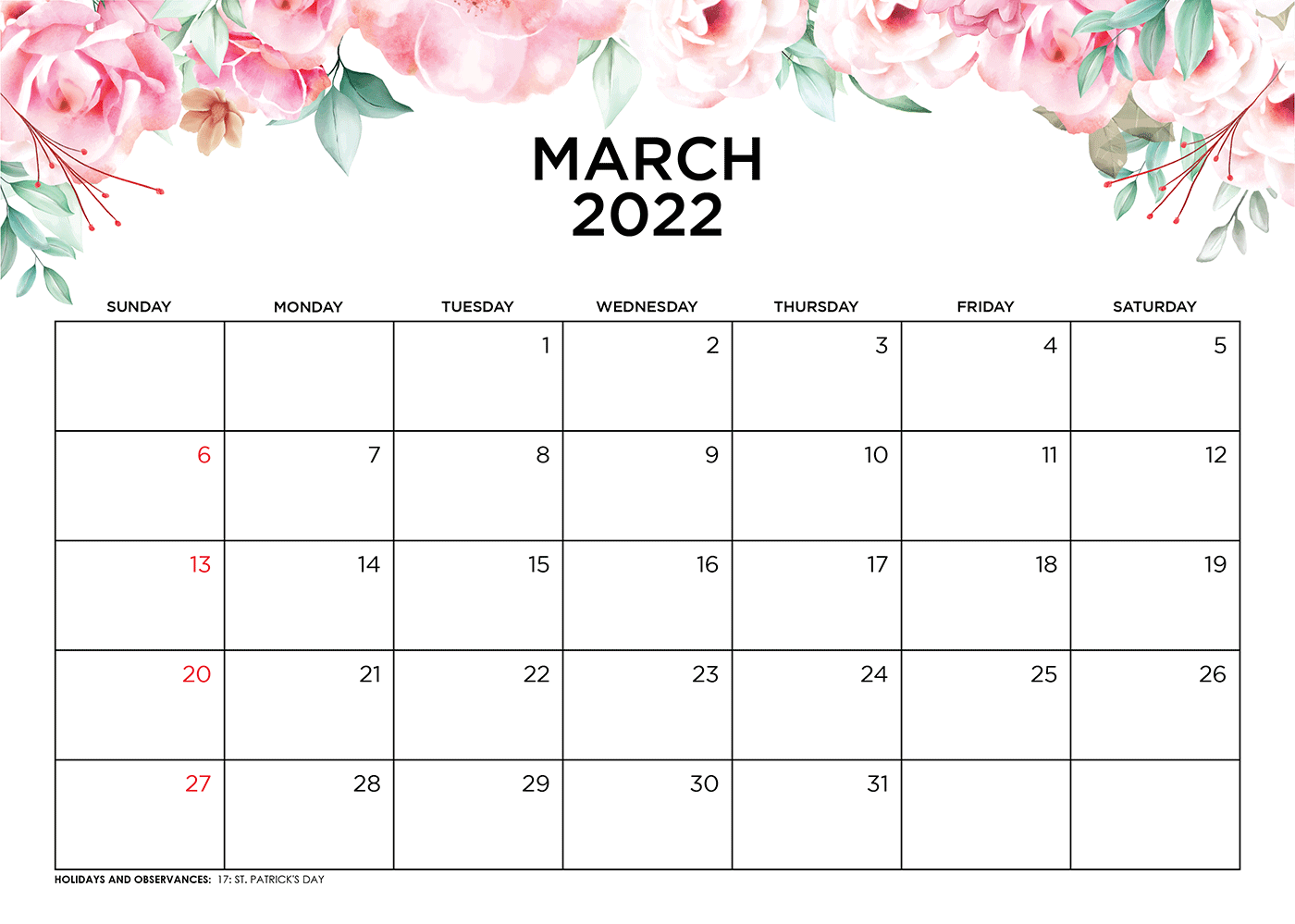 March 2022 Weekly Blank Calendar