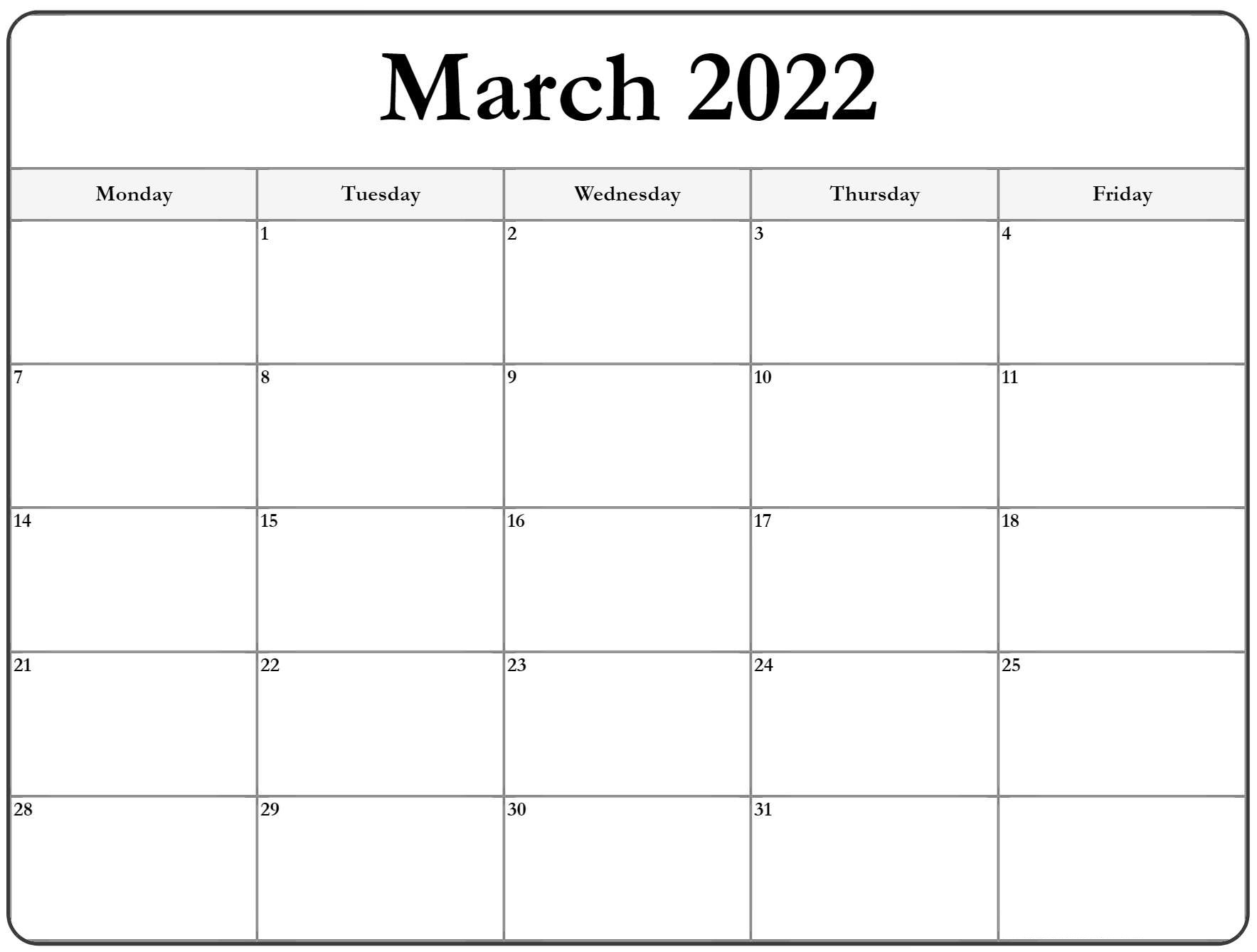 March 2022 Weekly Calendar Template