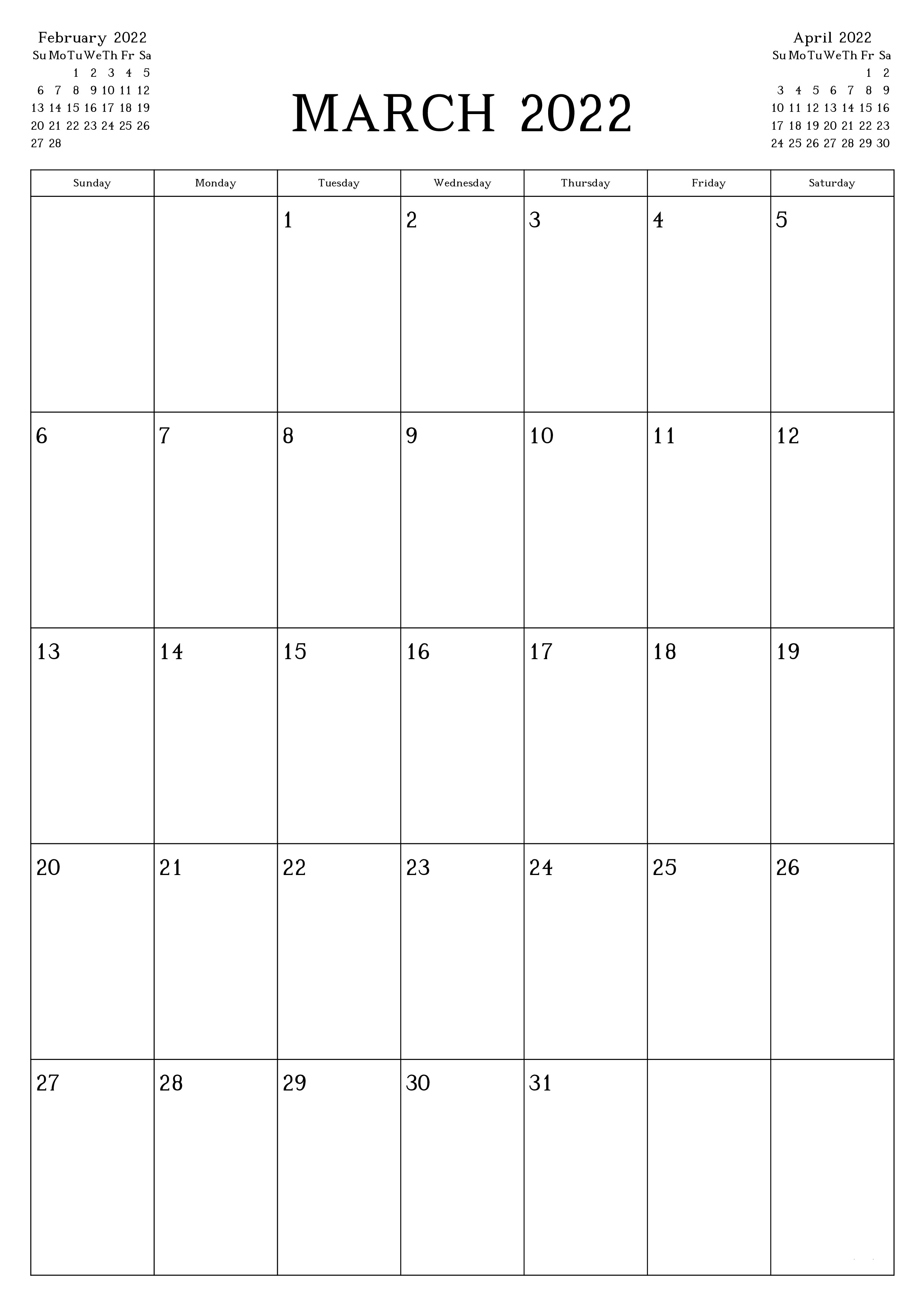 March 2022 Word Calendar Template