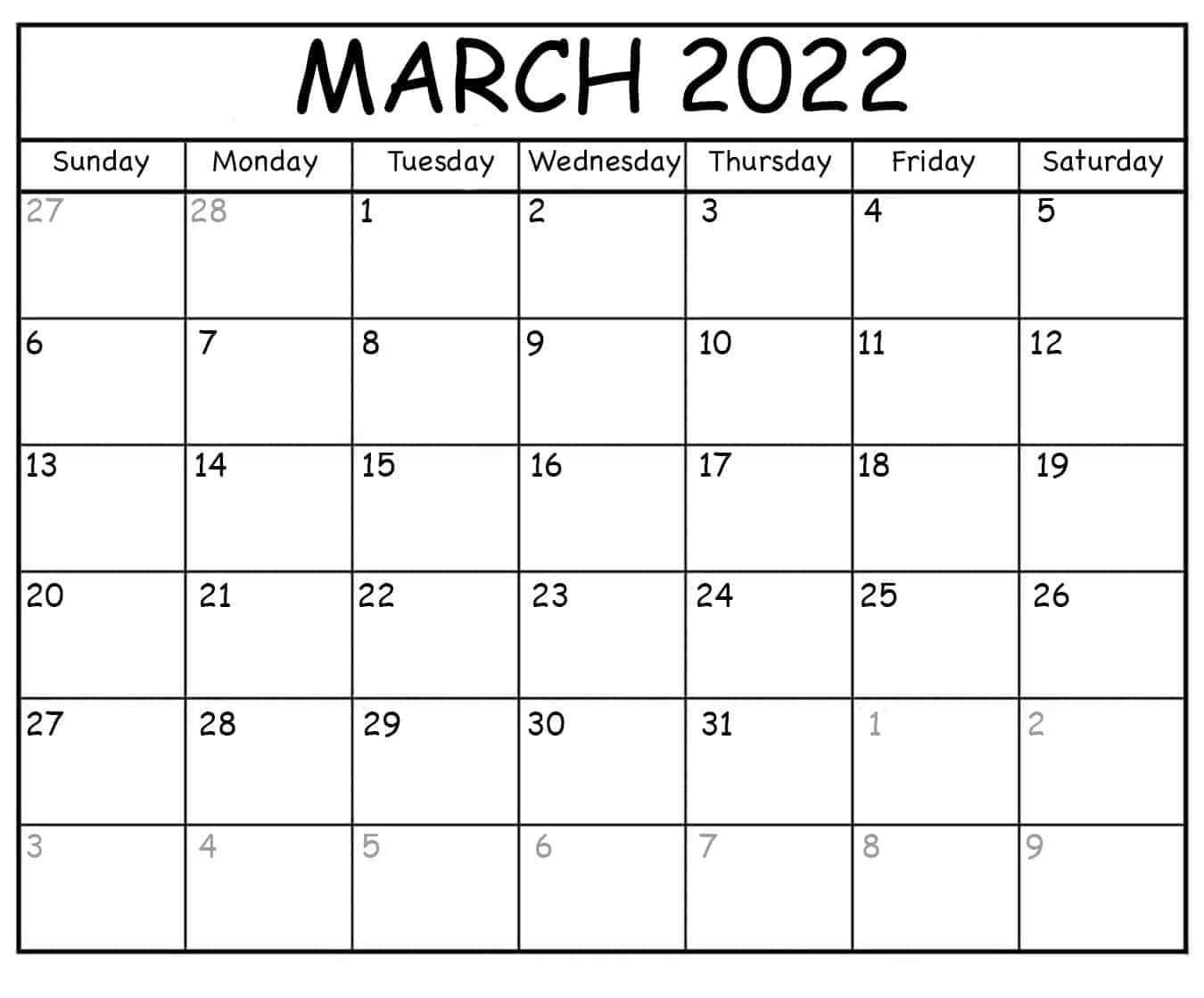 March Calendar 2022 Editable Word