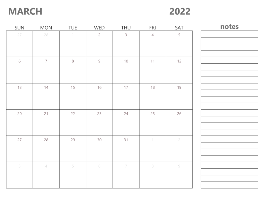 March Calendar 2022 With Notes