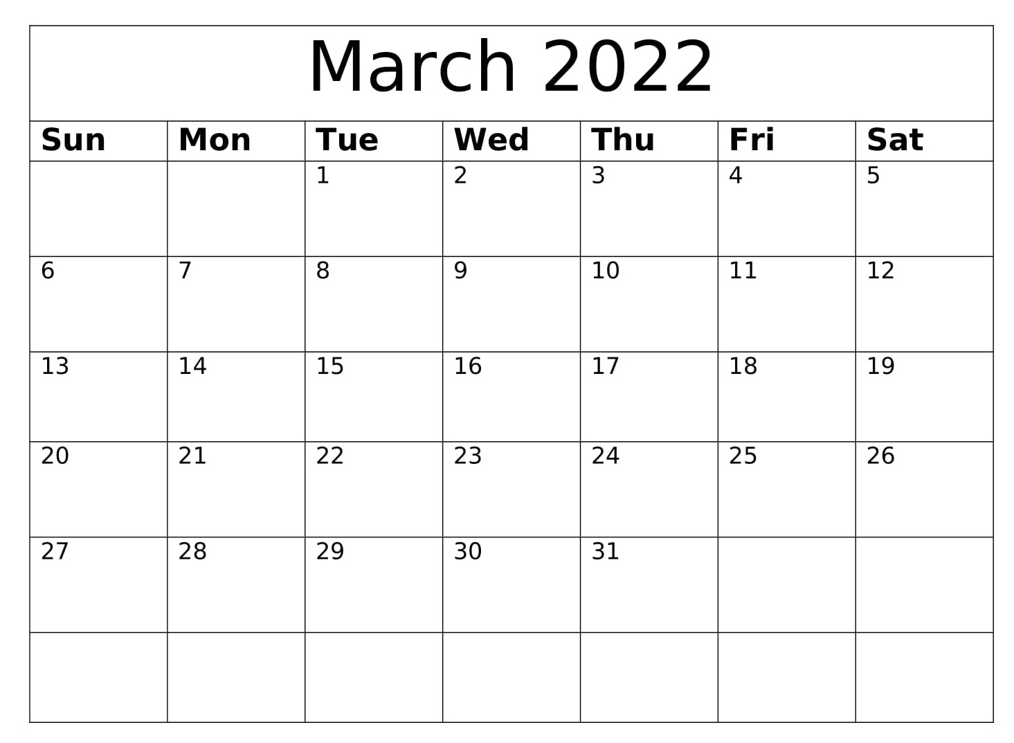 March Printable Calendar 2022