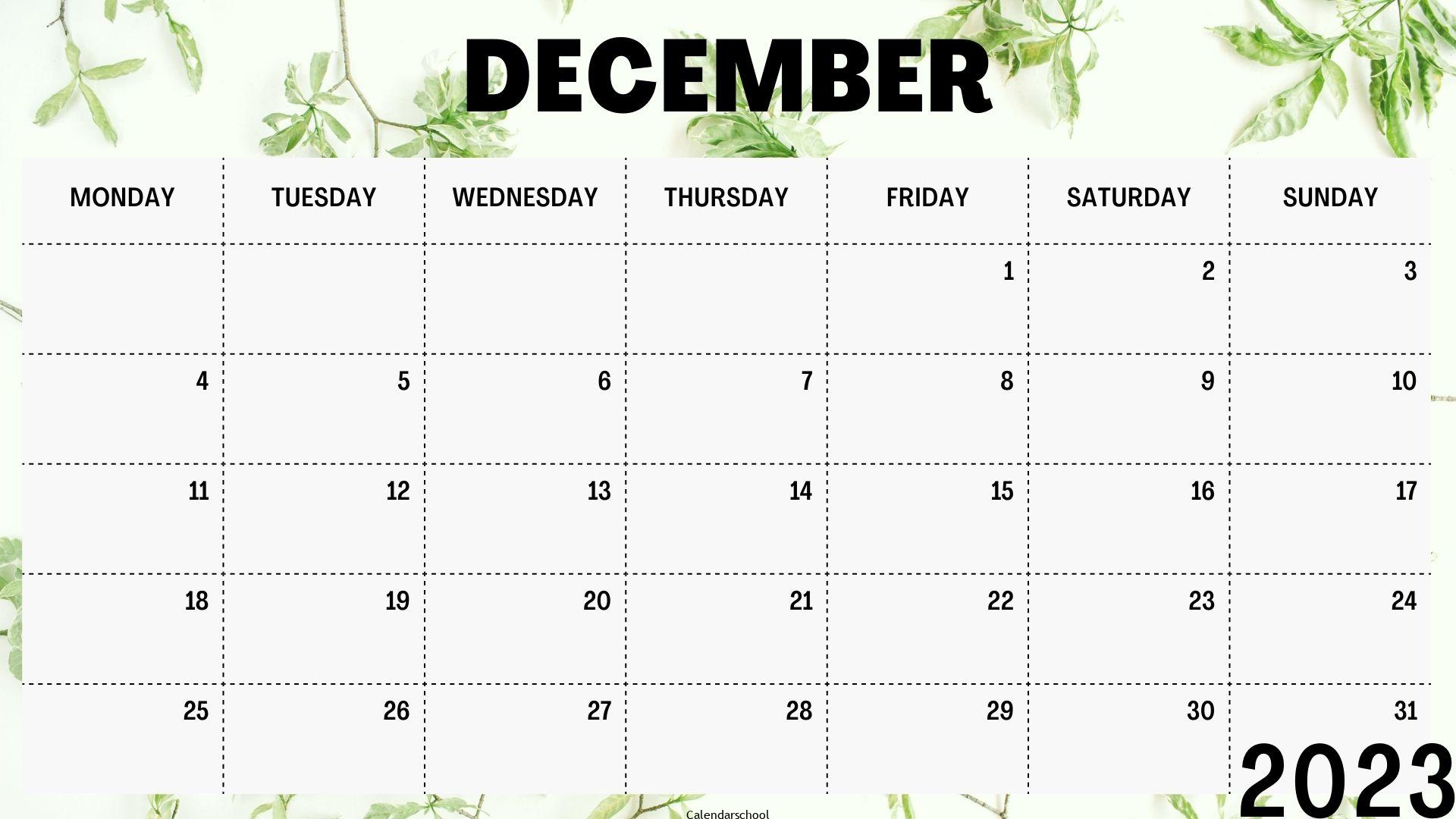 2023 December Calendar Canada
