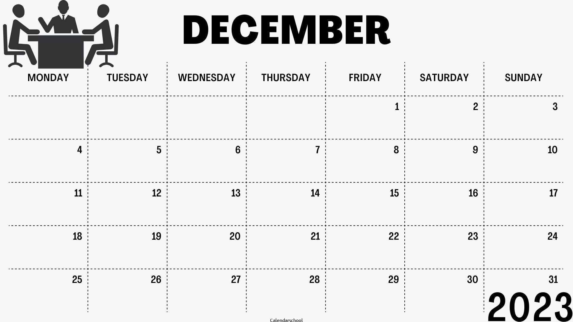 2023 December Calendar With Holidays Printable