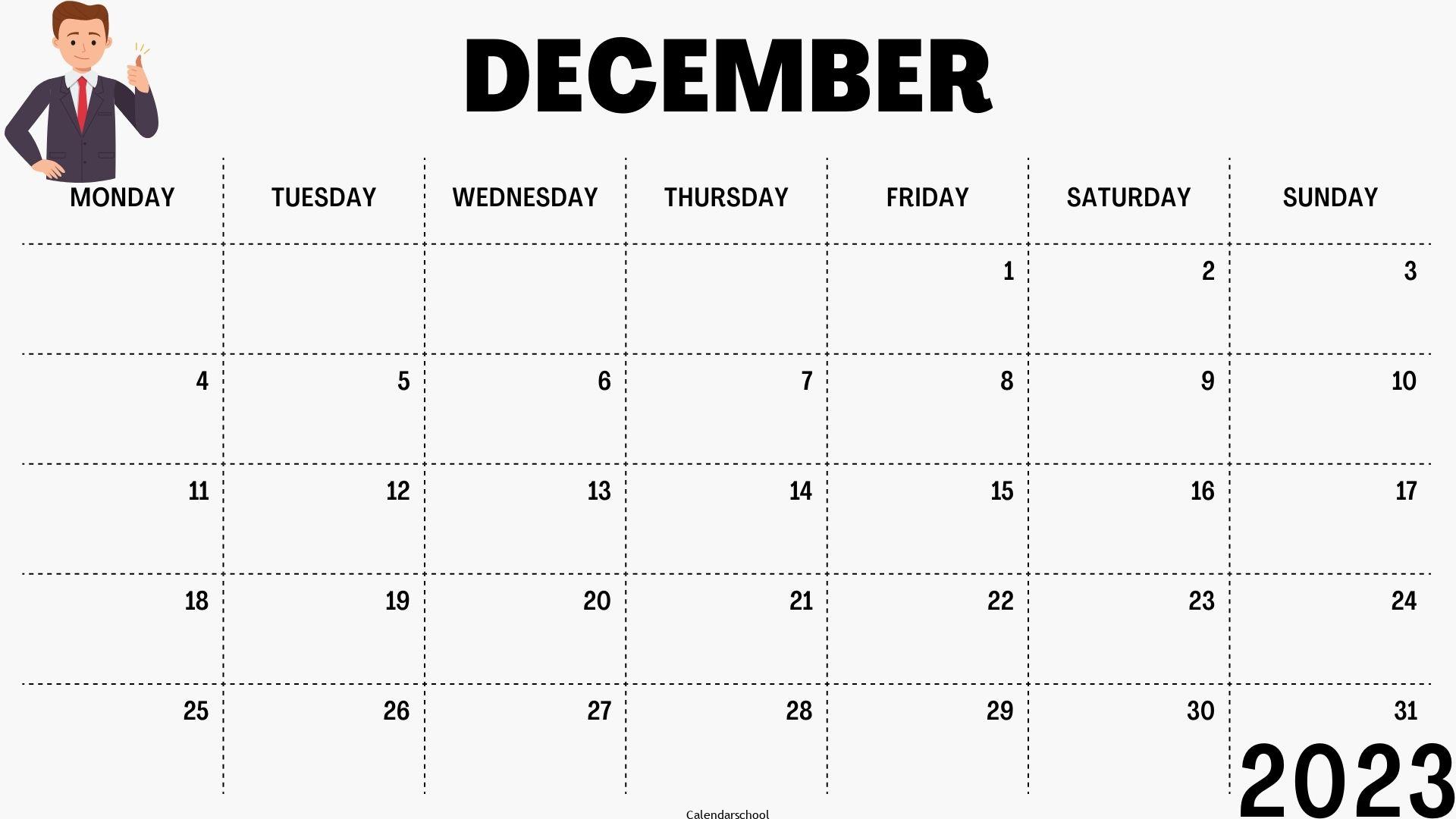 2023 December Calendar With Holidays