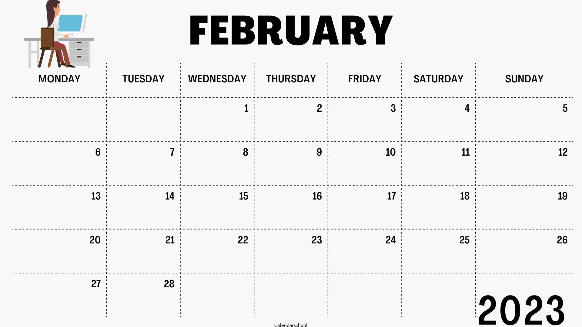 2023 February Calendar Monday Start