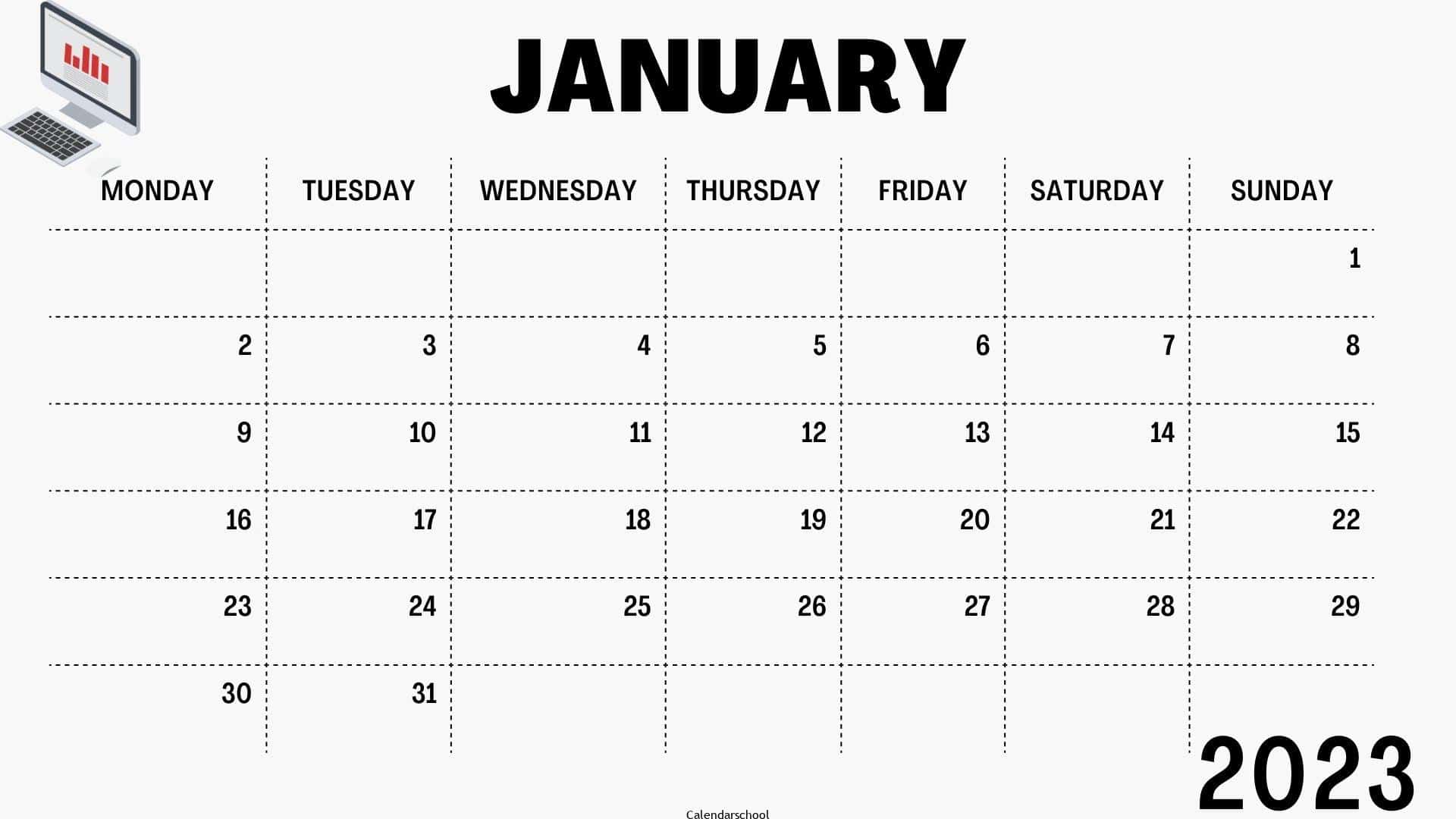 2023 January Calendar Blank