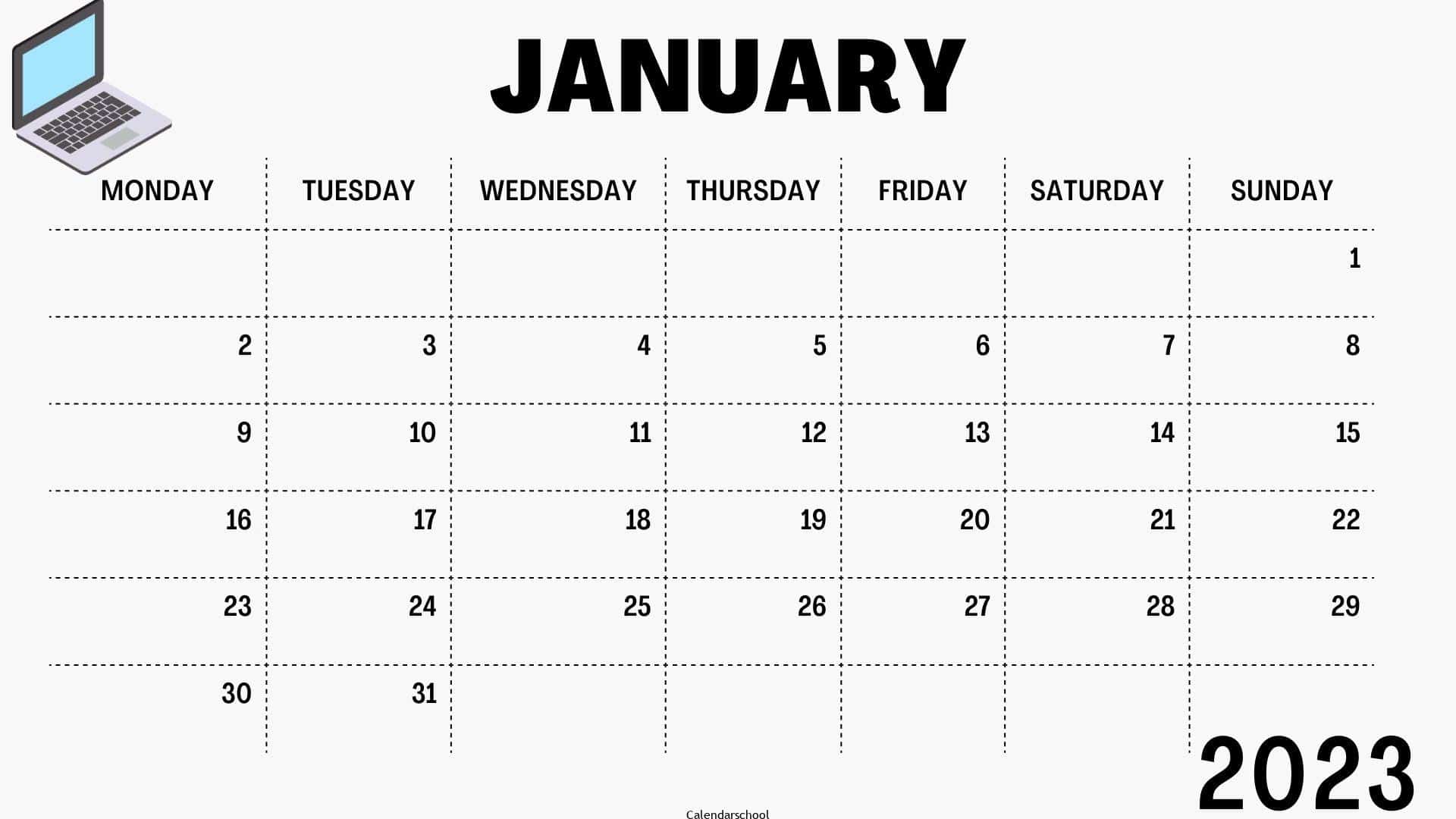 2023 January Calendar Desktop Background