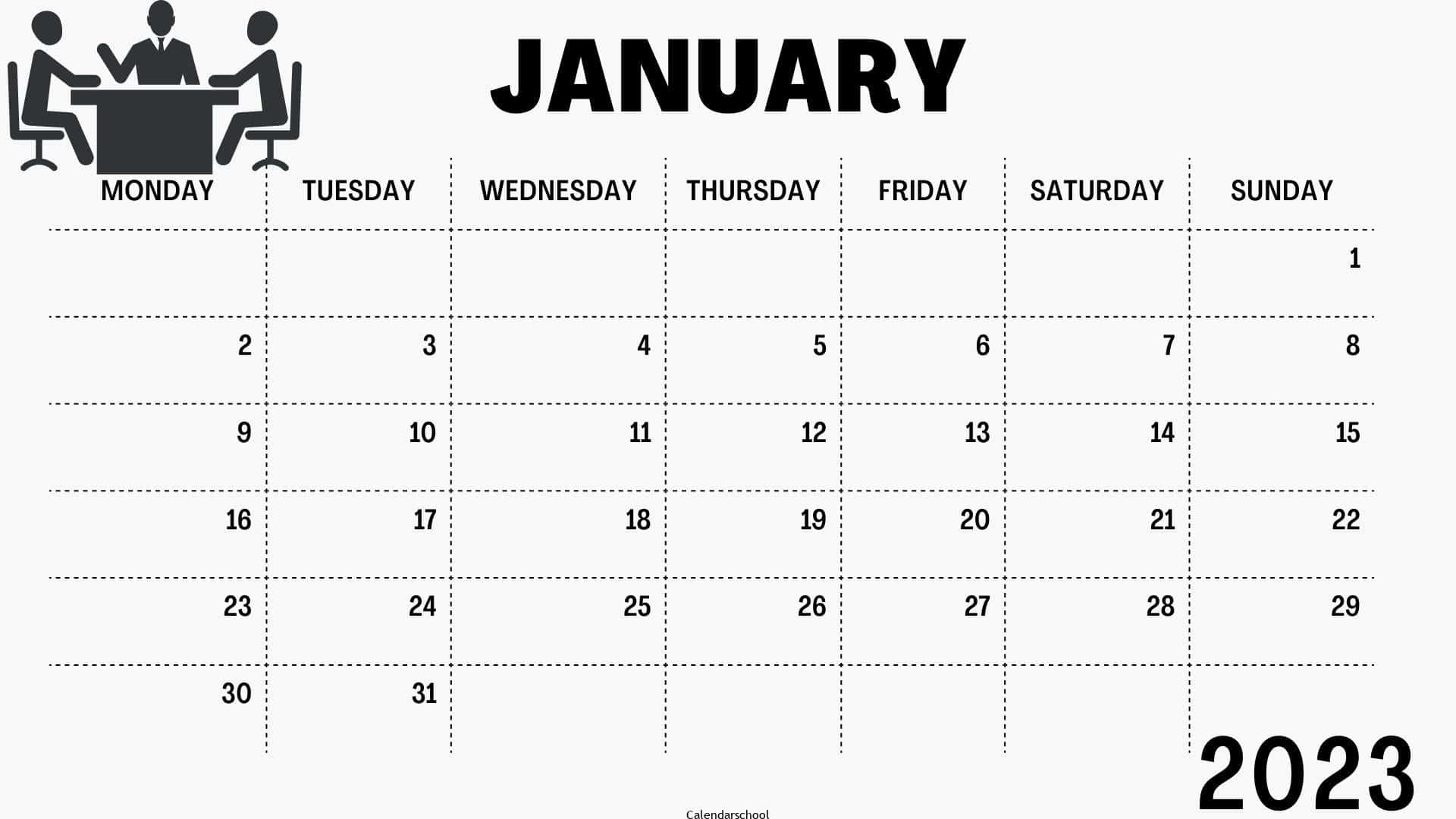 2023 January Calendar Monday Start