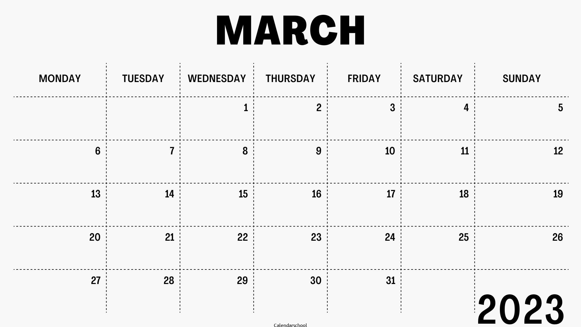 2023 March Calendar Image