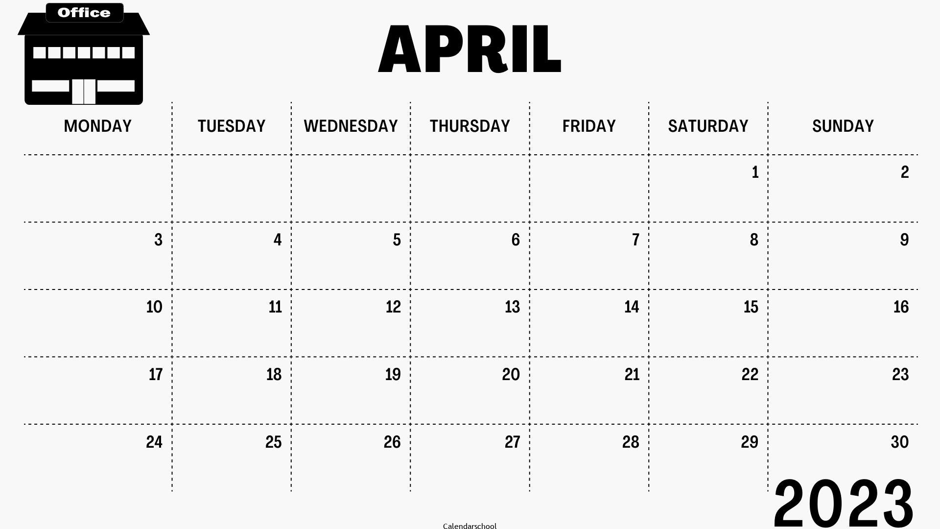 April 2023 Blank Calendar Monday Start