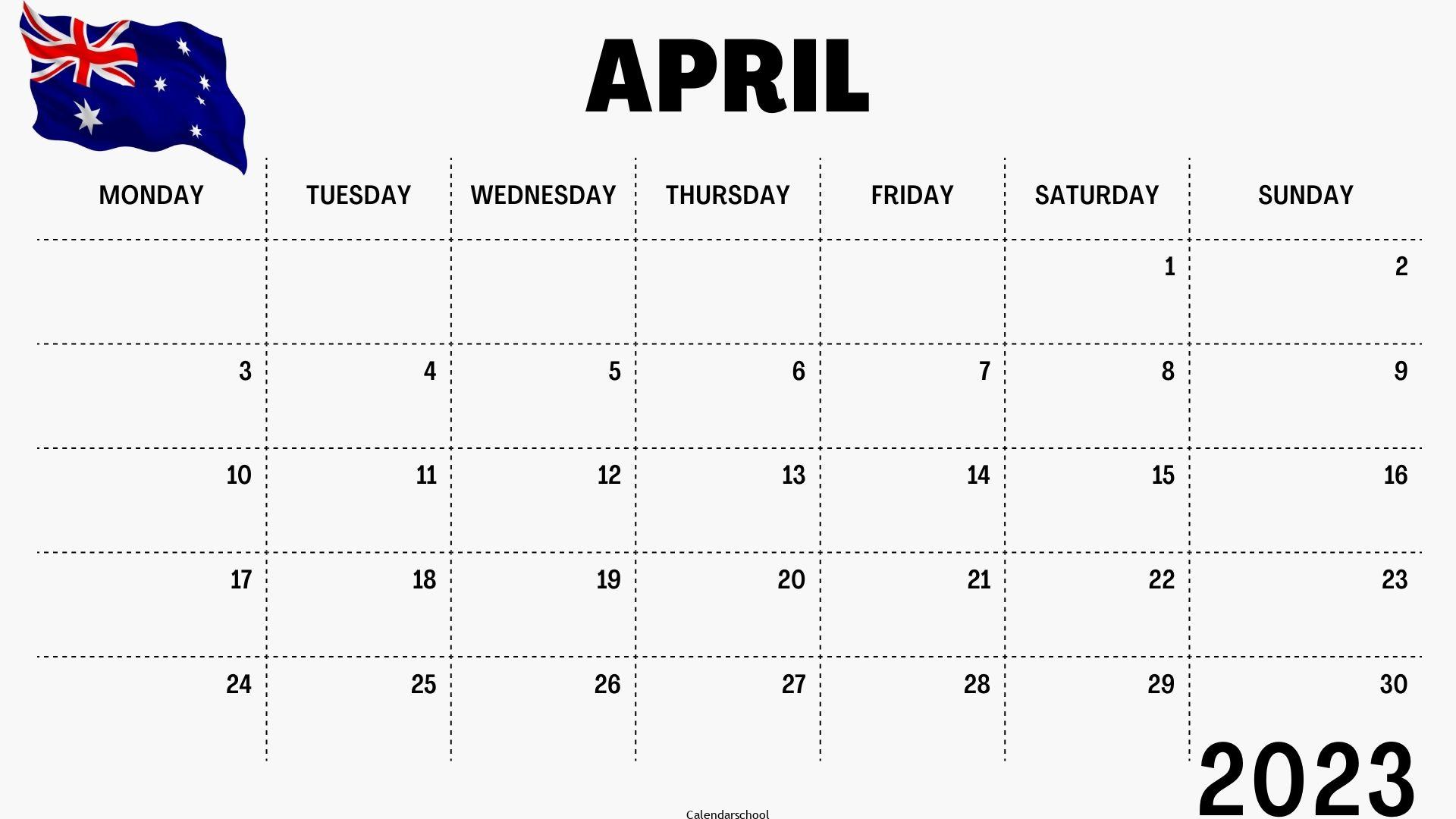 April 2023 Calendar with Holidays Australia