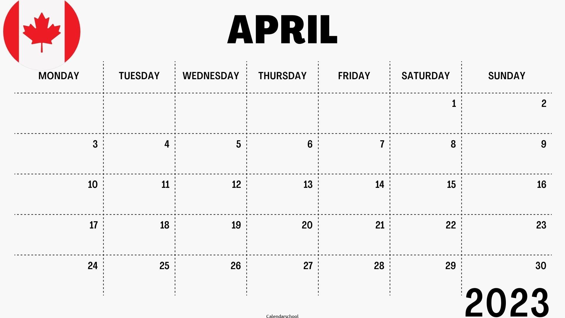 April 2023 Calendar with Holidays Canada