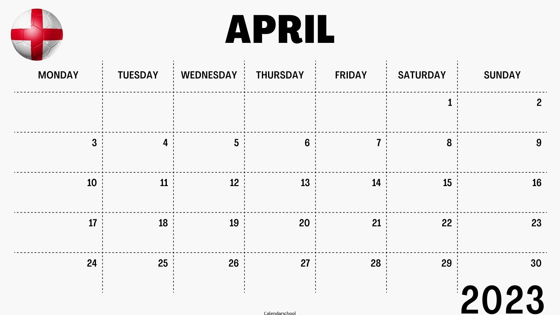 April 2023 Calendar with Holidays England