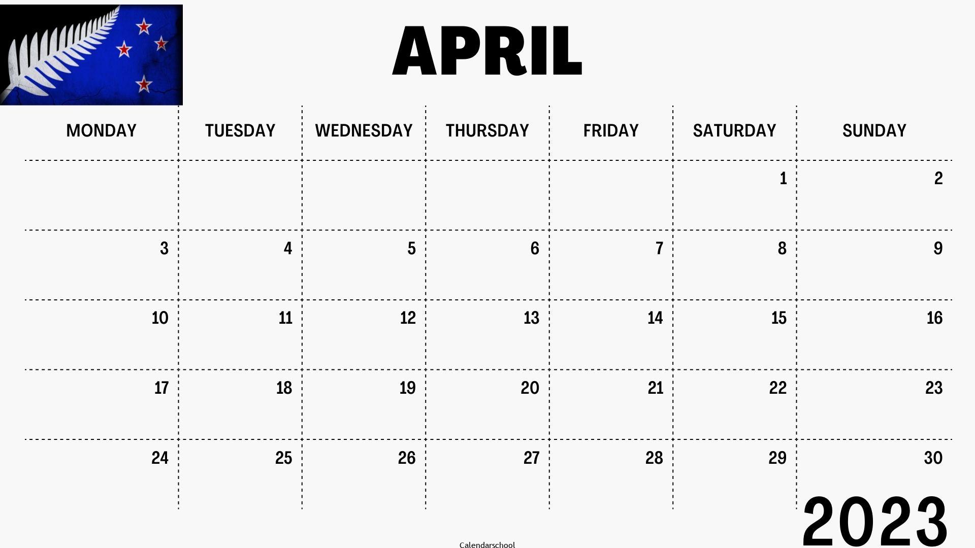 April 2023 Calendar with Holidays NewZeland