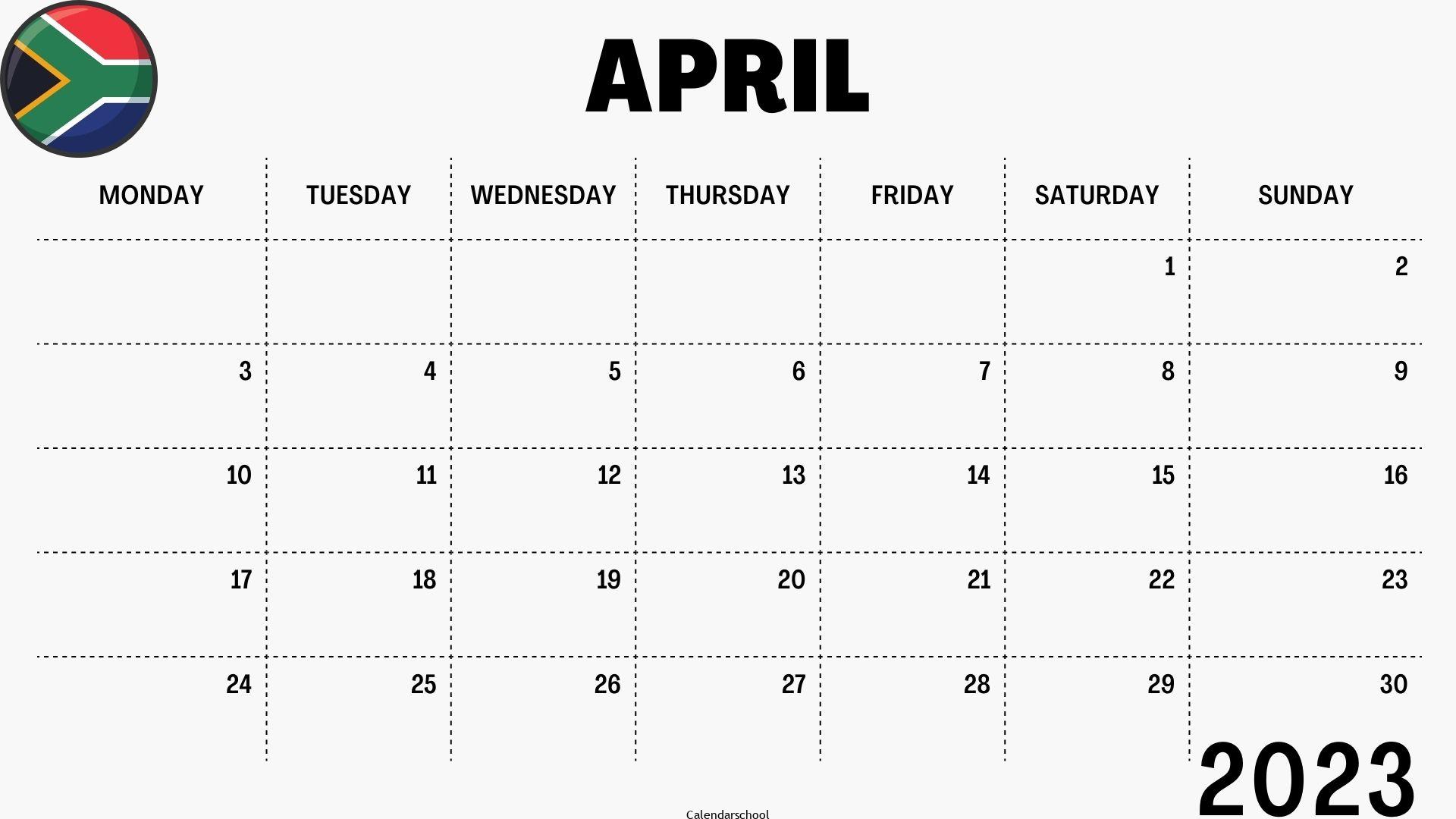 April 2023 Calendar with Holidays South Africa